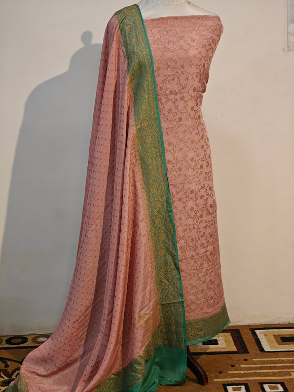 Pastel Pink Banarasi Crepe Silk Suit - Aura Benaras