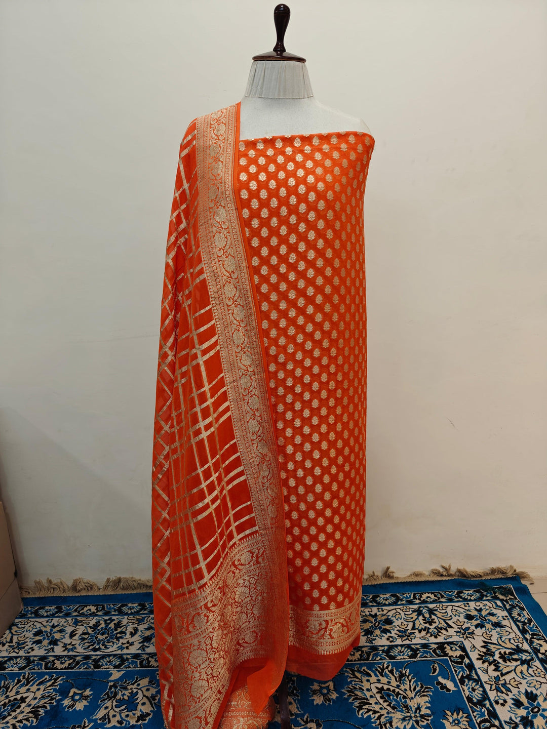 Orange Banarasi 2-piece suit with golden zari buti kurta and jaal dupatta