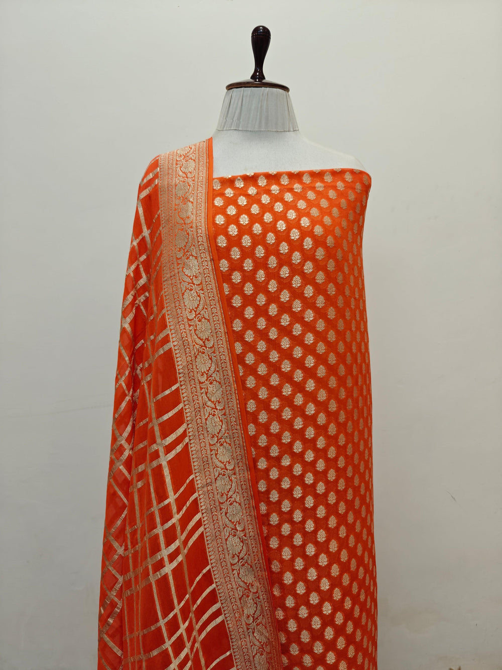 Orange Banarasi 2-piece suit with golden zari buti kurta and jaal dupatta