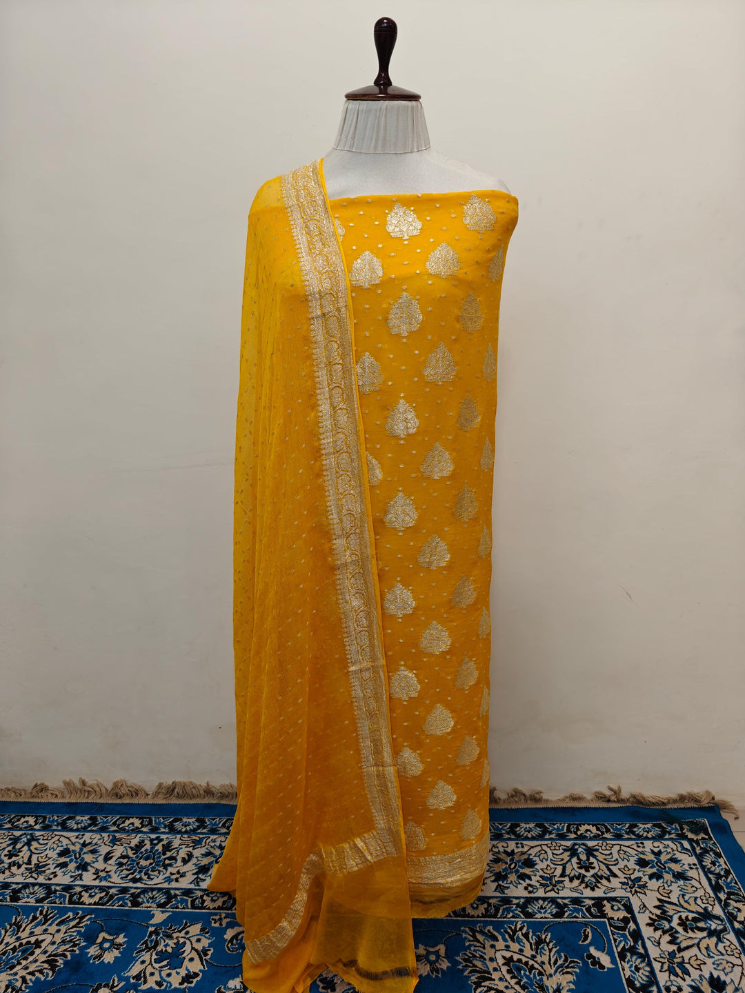 Yellow Banarasi chiffon georgette 2-piece suit with silver zari work