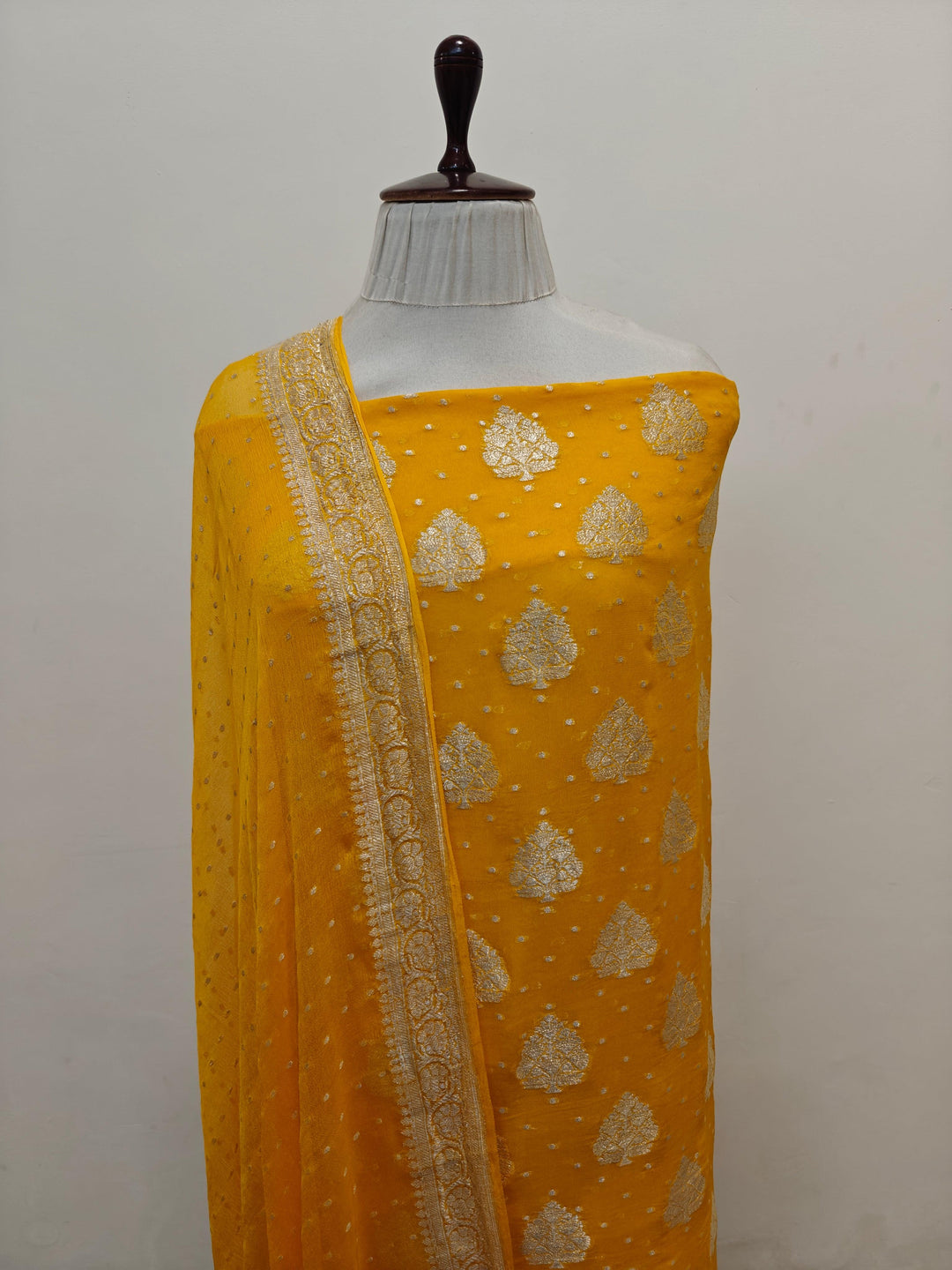 Yellow Banarasi chiffon georgette 2-piece suit with silver zari work