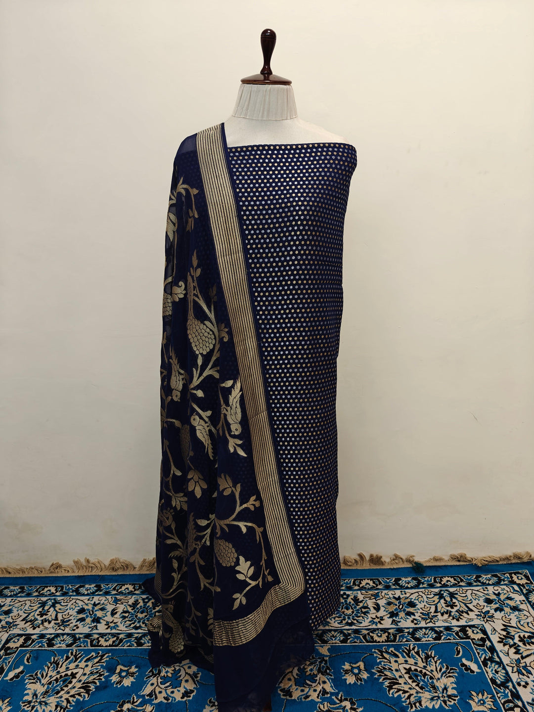 Navy Blue Banarasi 2-piece suit with golden zari buti kurta and jaal dupatta