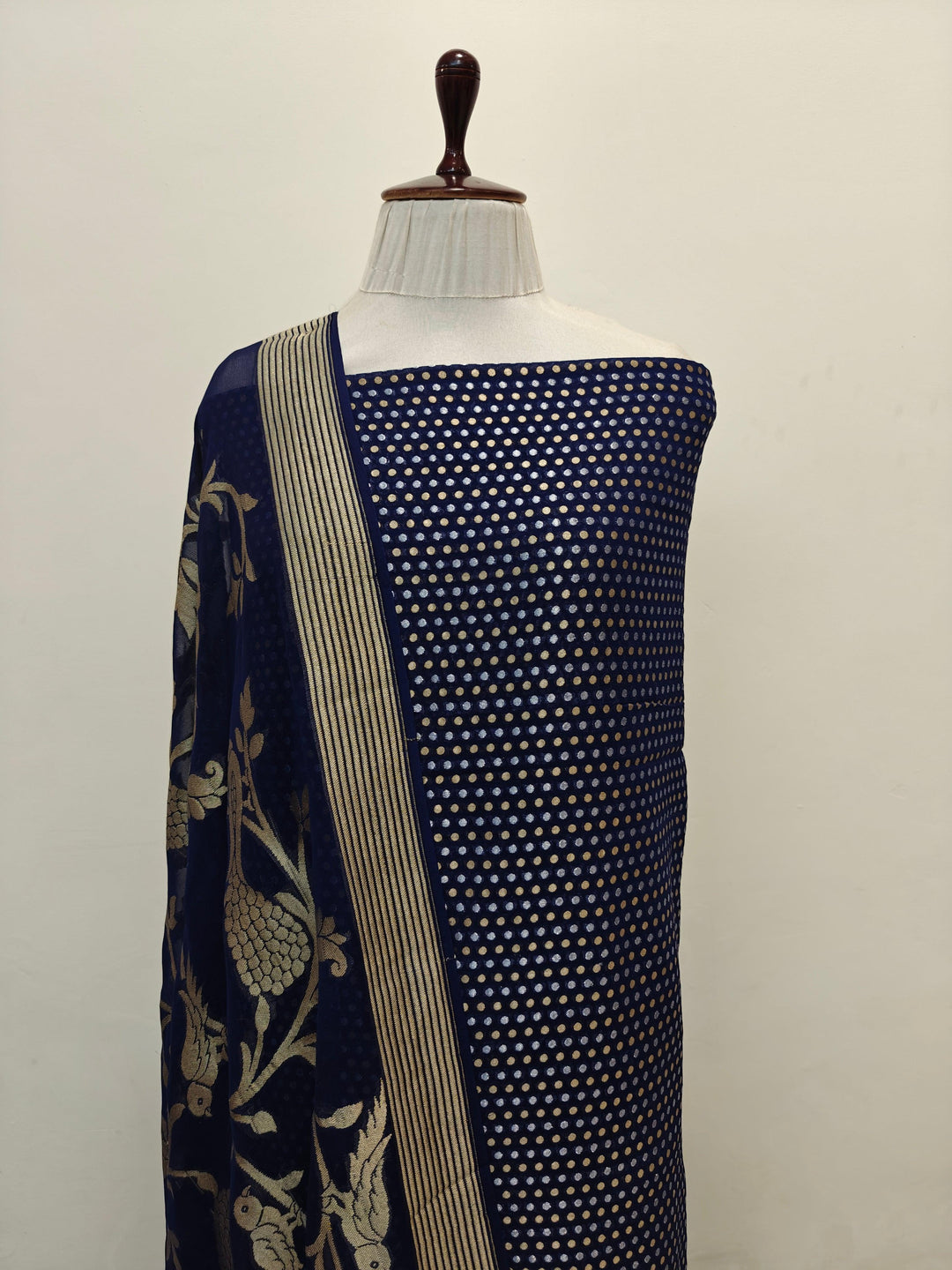 Navy Blue Banarasi 2-piece suit with golden zari buti kurta and jaal dupatta