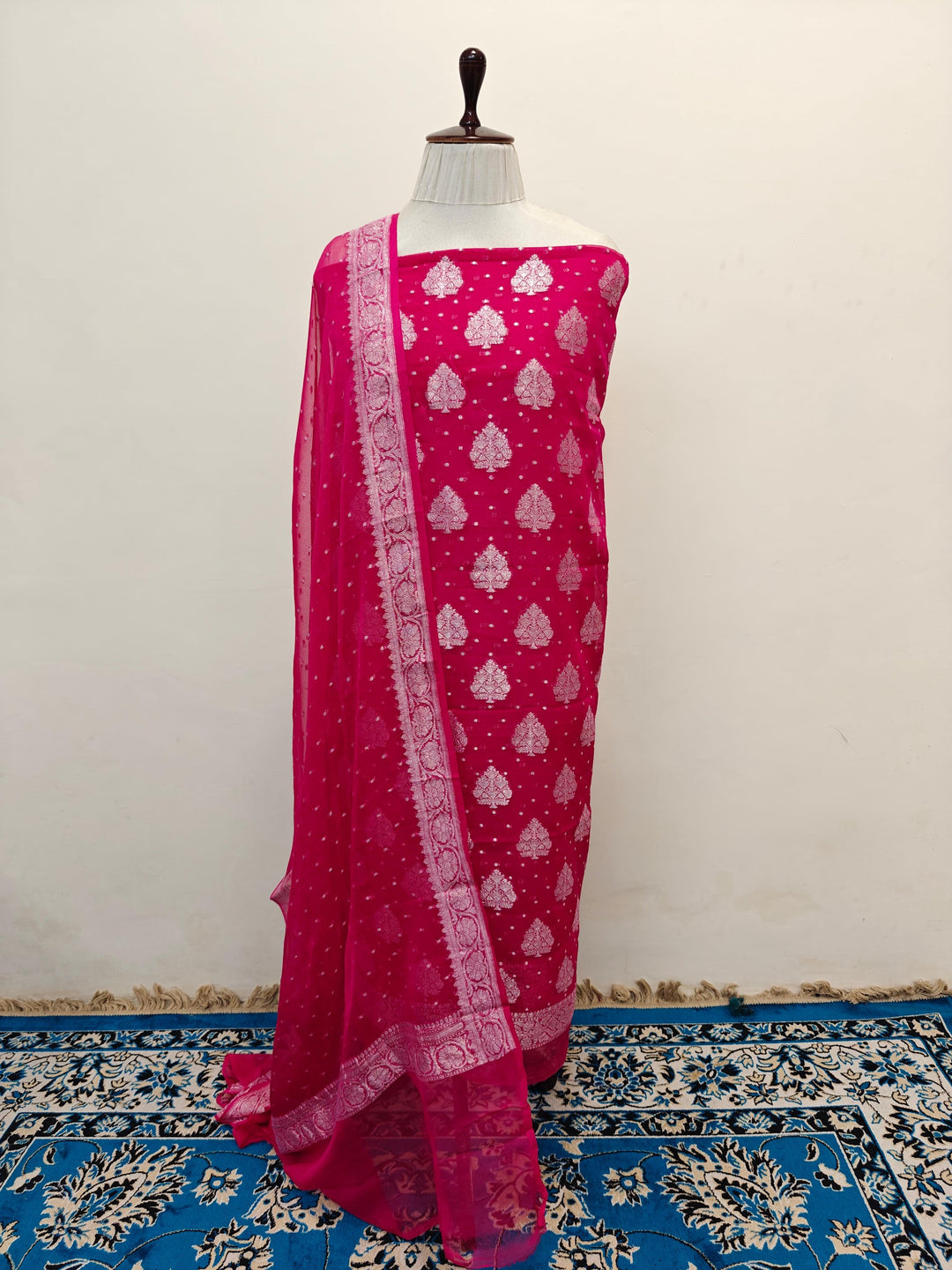 Rani Pink Banarasi chiffon georgette 2-piece suit with silver zari work