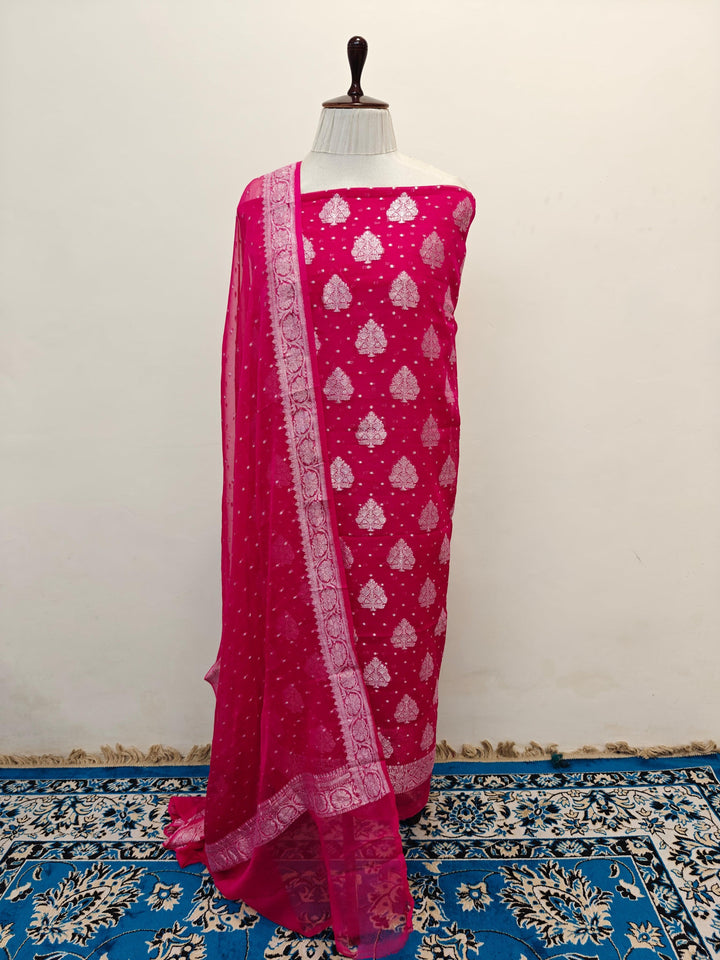 Rani Pink Banarasi chiffon georgette 2-piece suit with silver zari work