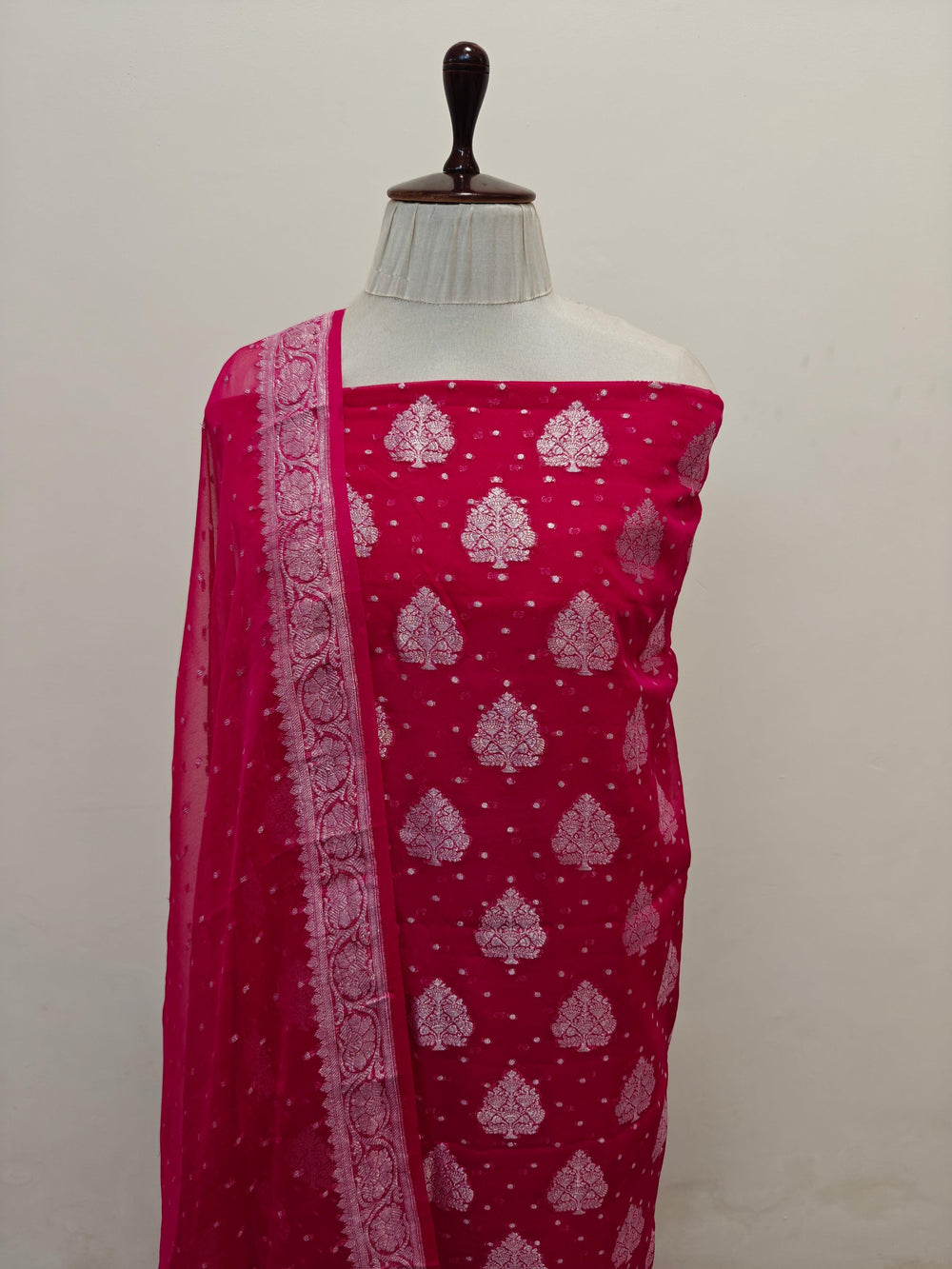 Rani Pink Banarasi chiffon georgette 2-piece suit with silver zari work
