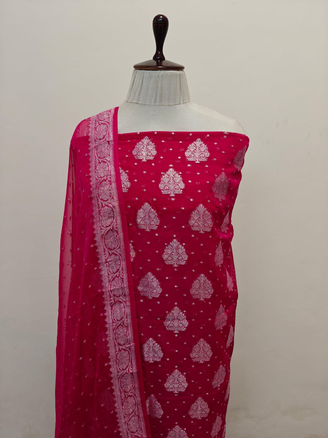Rani Pink Banarasi chiffon georgette 2-piece suit with silver zari work