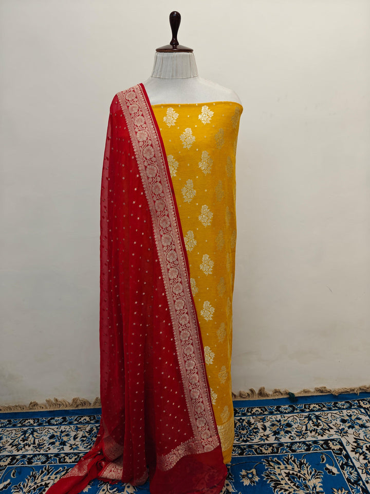 Yellow Banarasi Moonga georgette 2-piece suit with floral buti kurta and jaal work dupatta