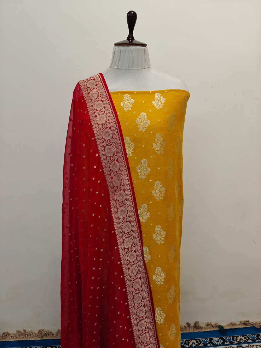 Yellow Banarasi Moonga georgette 2-piece suit with floral buti kurta and jaal work dupatta