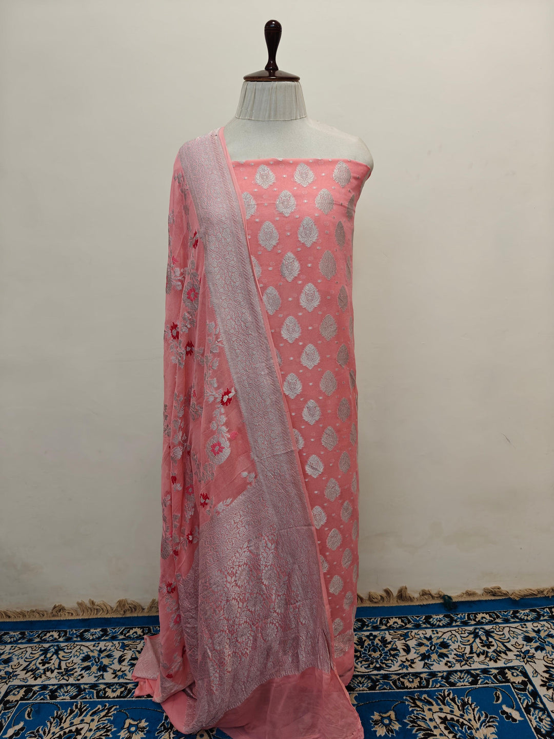 Peach Banarasi georgette 2-piece suit with silver zari kurta and meenakari jaal dupatta