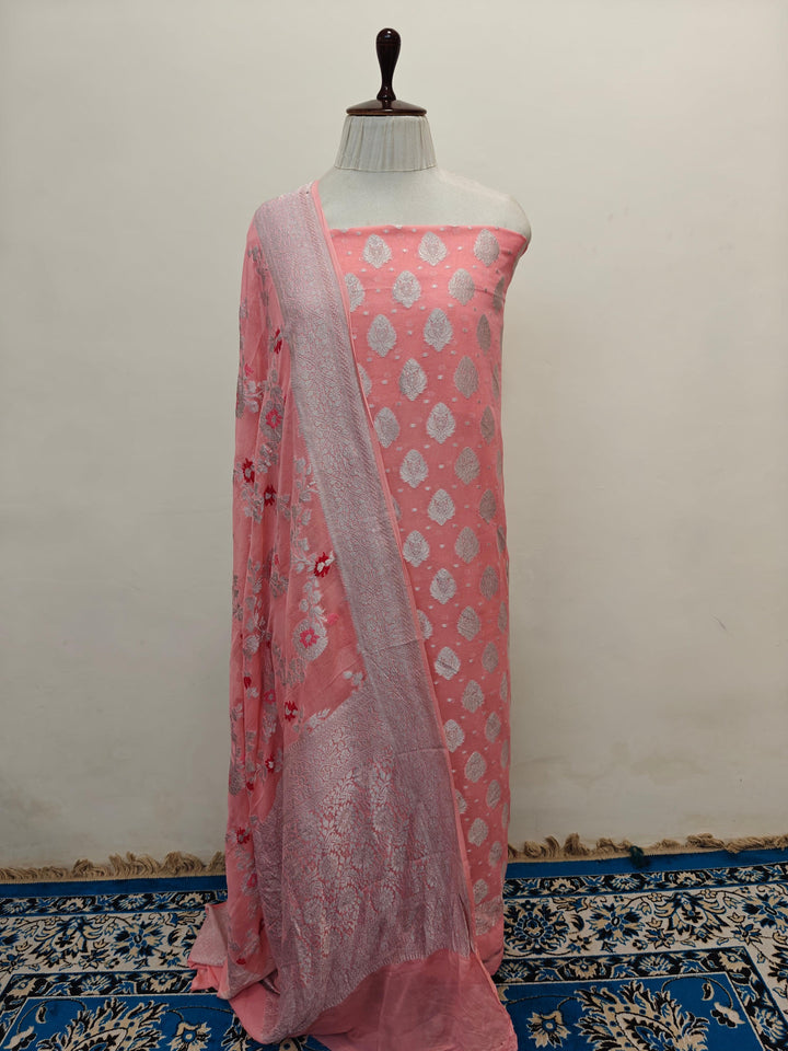 Peach Banarasi georgette 2-piece suit with silver zari kurta and meenakari jaal dupatta