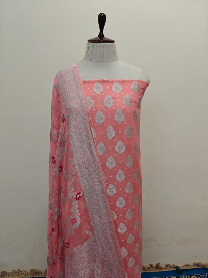 Peach Banarasi georgette 2-piece suit with silver zari kurta and meenakari jaal dupatta