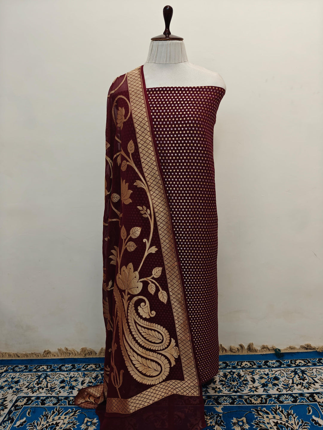 Brown Banarasi 2-piece suit with golden zari buti kurta and jaal dupatta