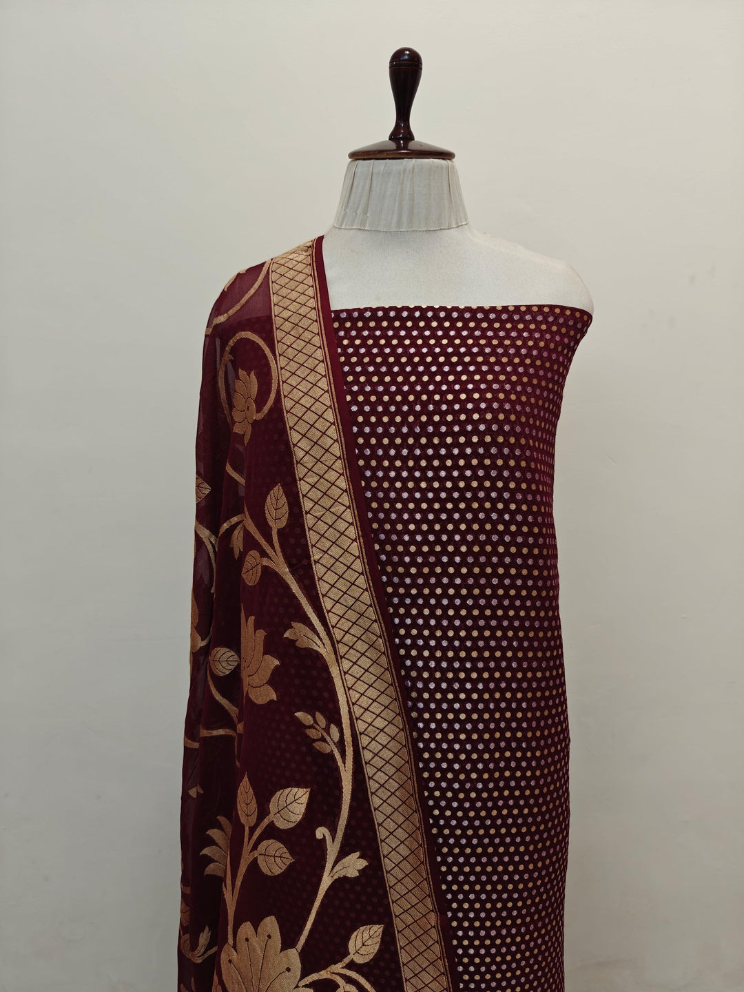 Brown Banarasi 2-piece suit with golden zari buti kurta and jaal dupatta