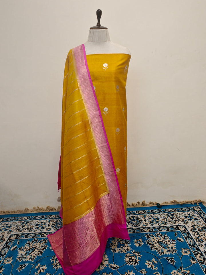 Yellow Banarasi handloom Katan silk 4-piece unstitched suit with Meenakari kurta and striped zari dupatta