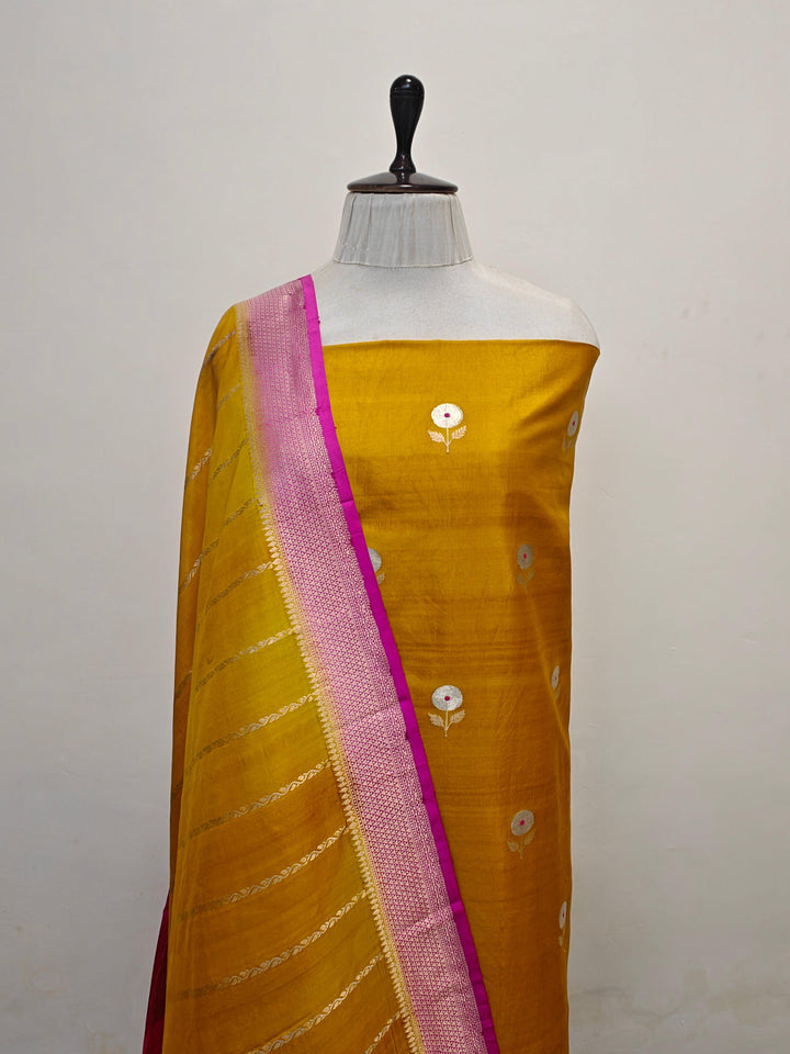 Yellow Banarasi handloom Katan silk 4-piece unstitched suit with Meenakari kurta and striped zari dupatta