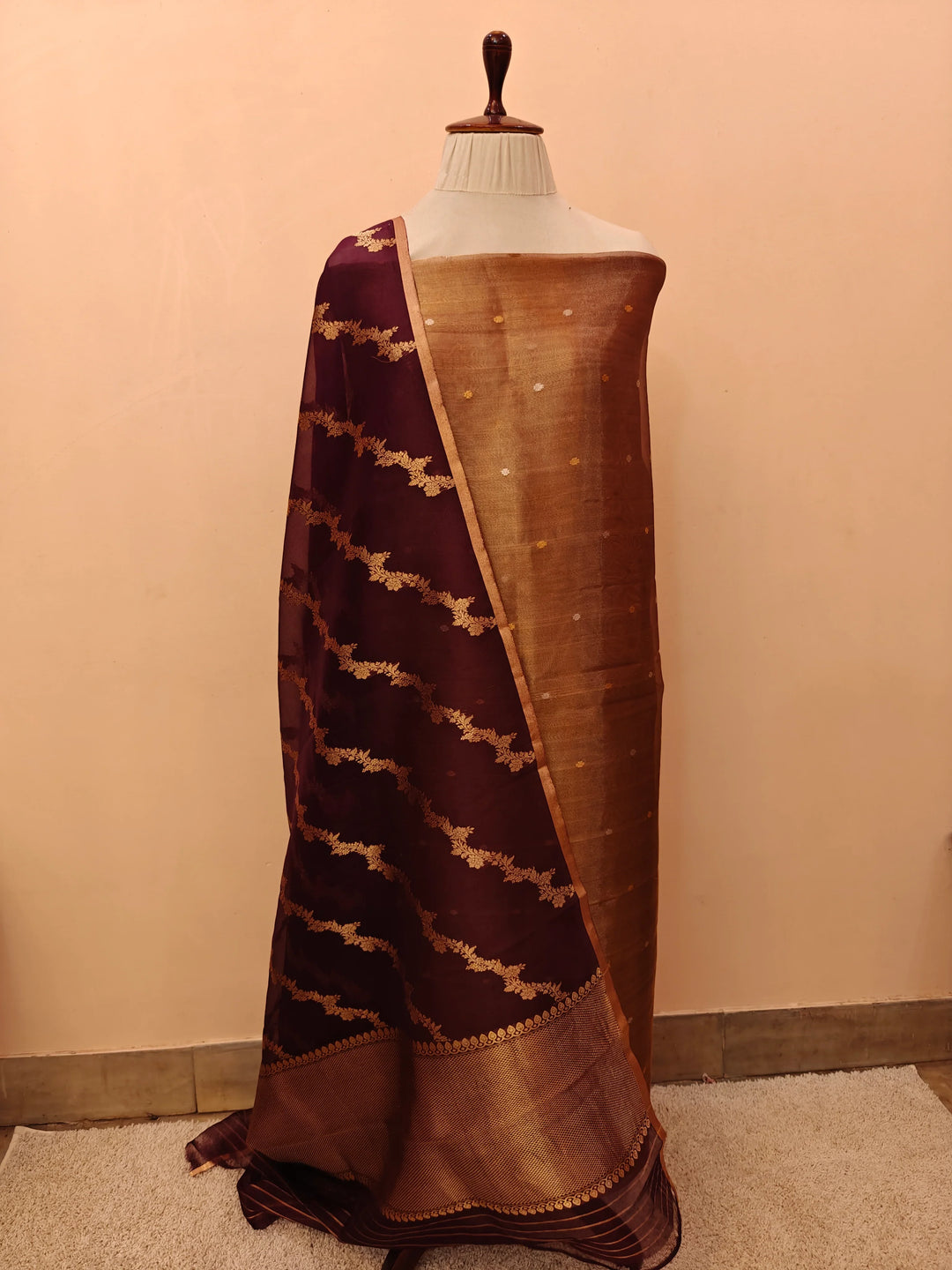 Brown Banarasi Tissue Silk Suit with Kadhwa Butis – Aura Benaras
