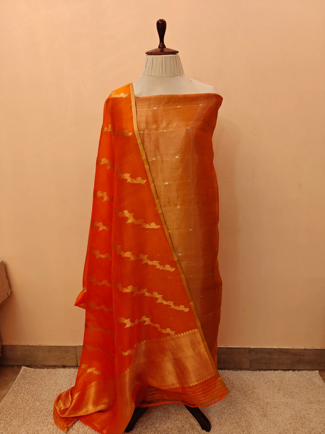 Orange Banarasi Tissue Silk Suit with Kadhwa Butis – Aura Benaras