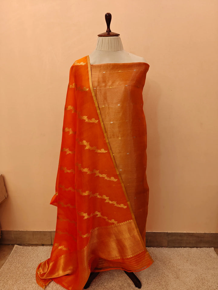 Orange Banarasi Tissue Silk Suit with Kadhwa Butis – Aura Benaras