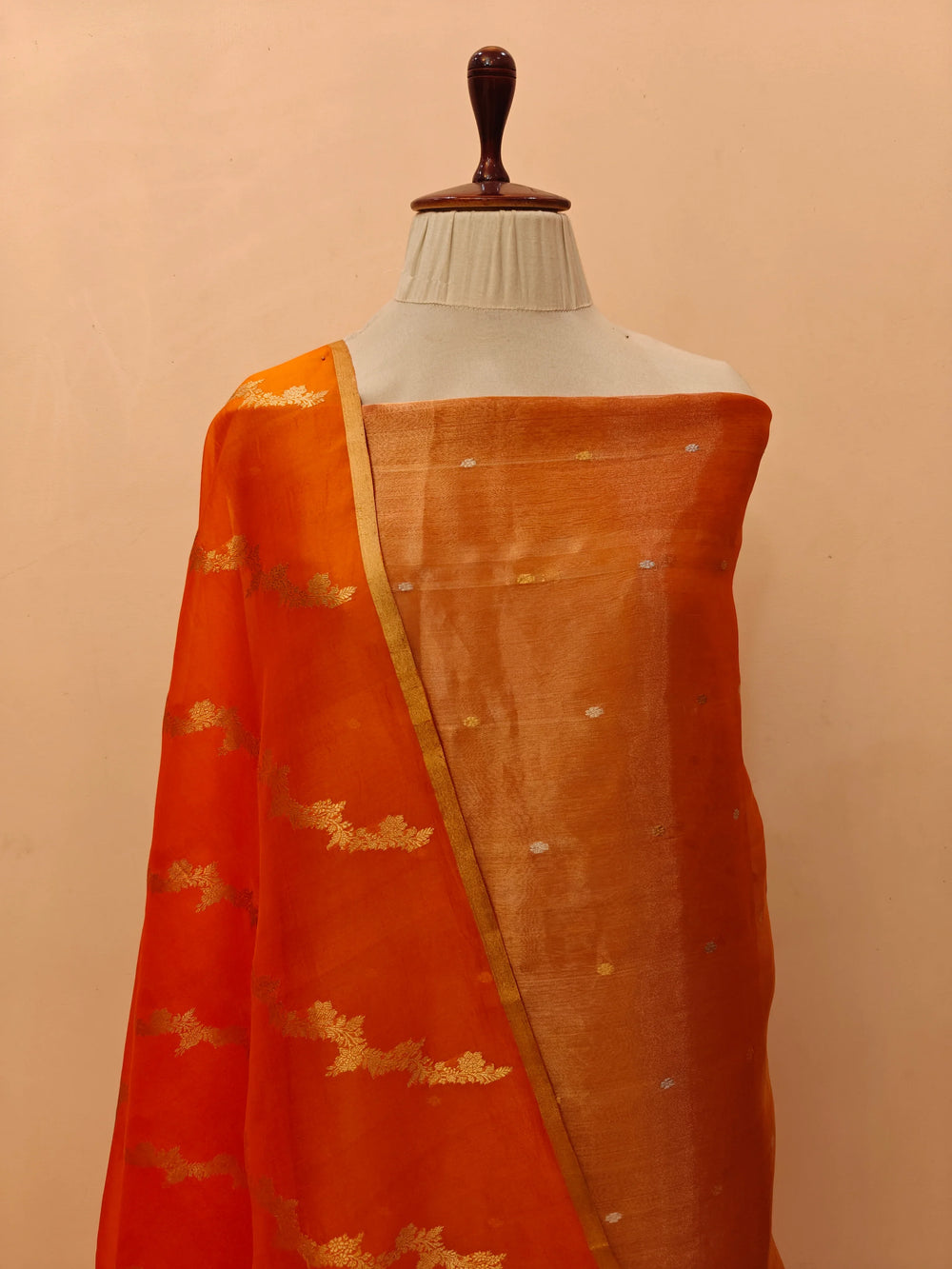 Orange Banarasi Tissue Silk Suit with Kadhwa Butis – Aura Benaras