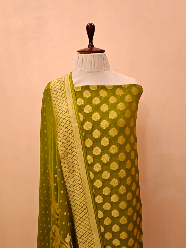 Mehendi Green Banarasi Chiffon Georgette Suit with Zari Work – Aura Benaras