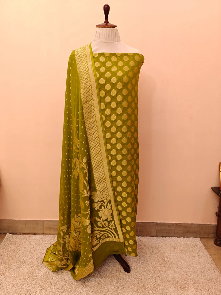 Mehendi Green Banarasi Chiffon Georgette Suit with Zari Work – Aura Benaras