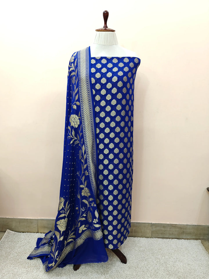 Royal Blue Banarasi Chiffon Georgette Suit with Zari Work – Aura Benaras