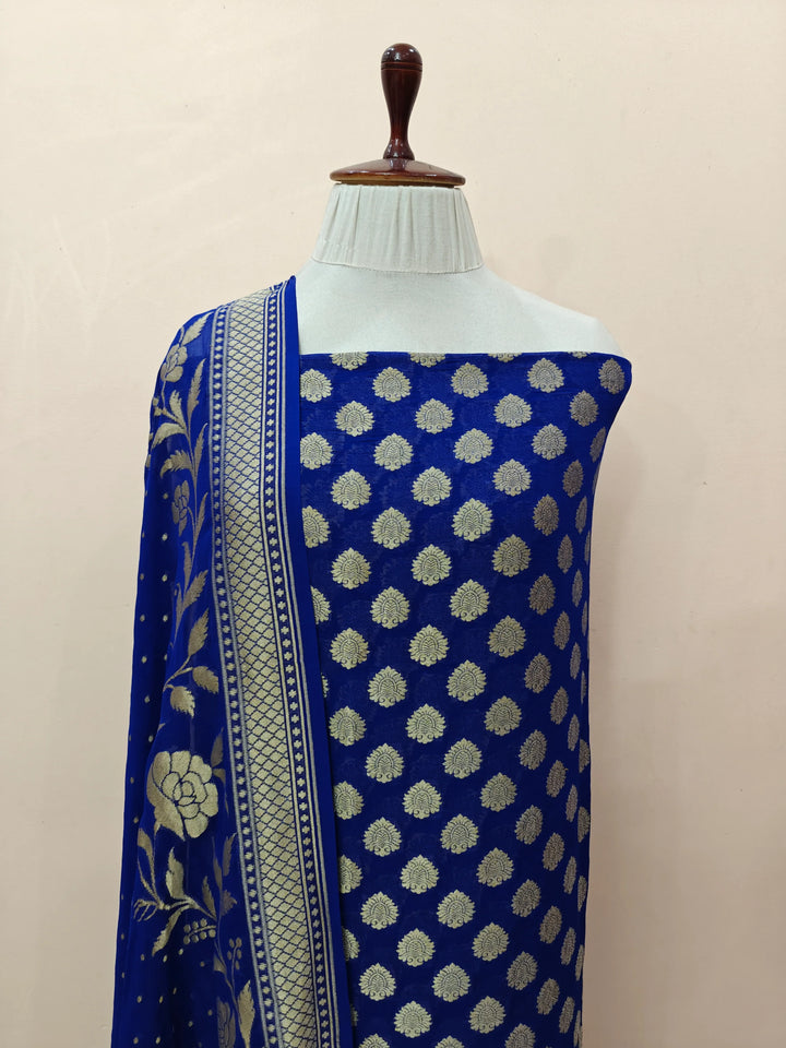 Royal Blue Banarasi Chiffon Georgette Suit with Zari Work – Aura Benaras