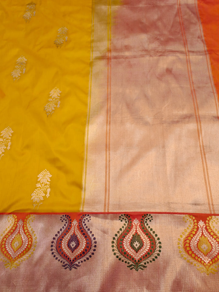 Yellow Katan Silk Banarasi Saree with Kadhwa & Meena Border