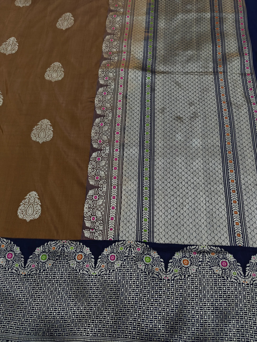 Brown Katan Silk Banarasi Saree with Kadhwa & Meena Border