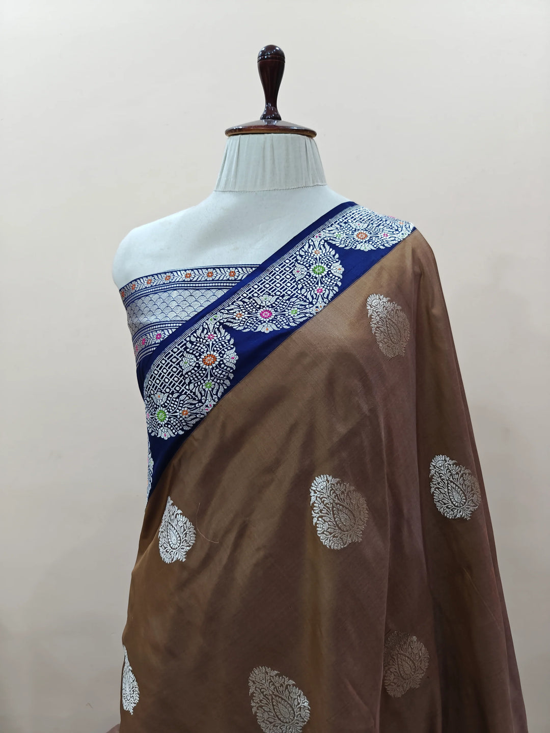 Brown Katan Silk Banarasi Saree with Kadhwa & Meena Border