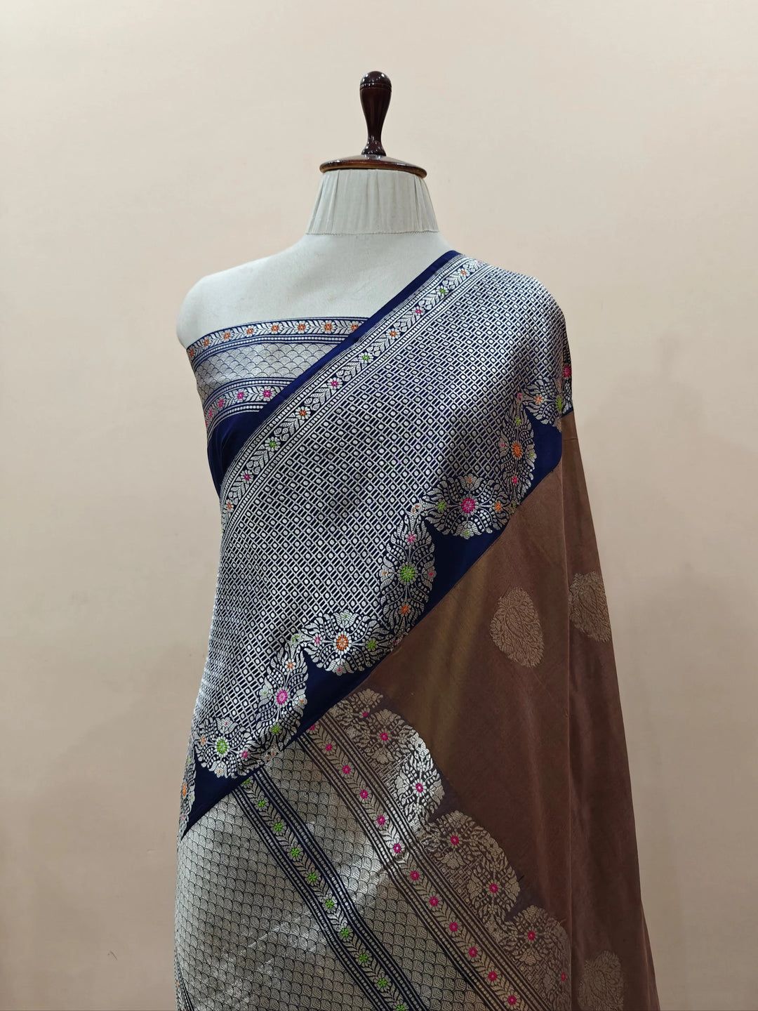 Brown Katan Silk Banarasi Saree with Kadhwa & Meena Border