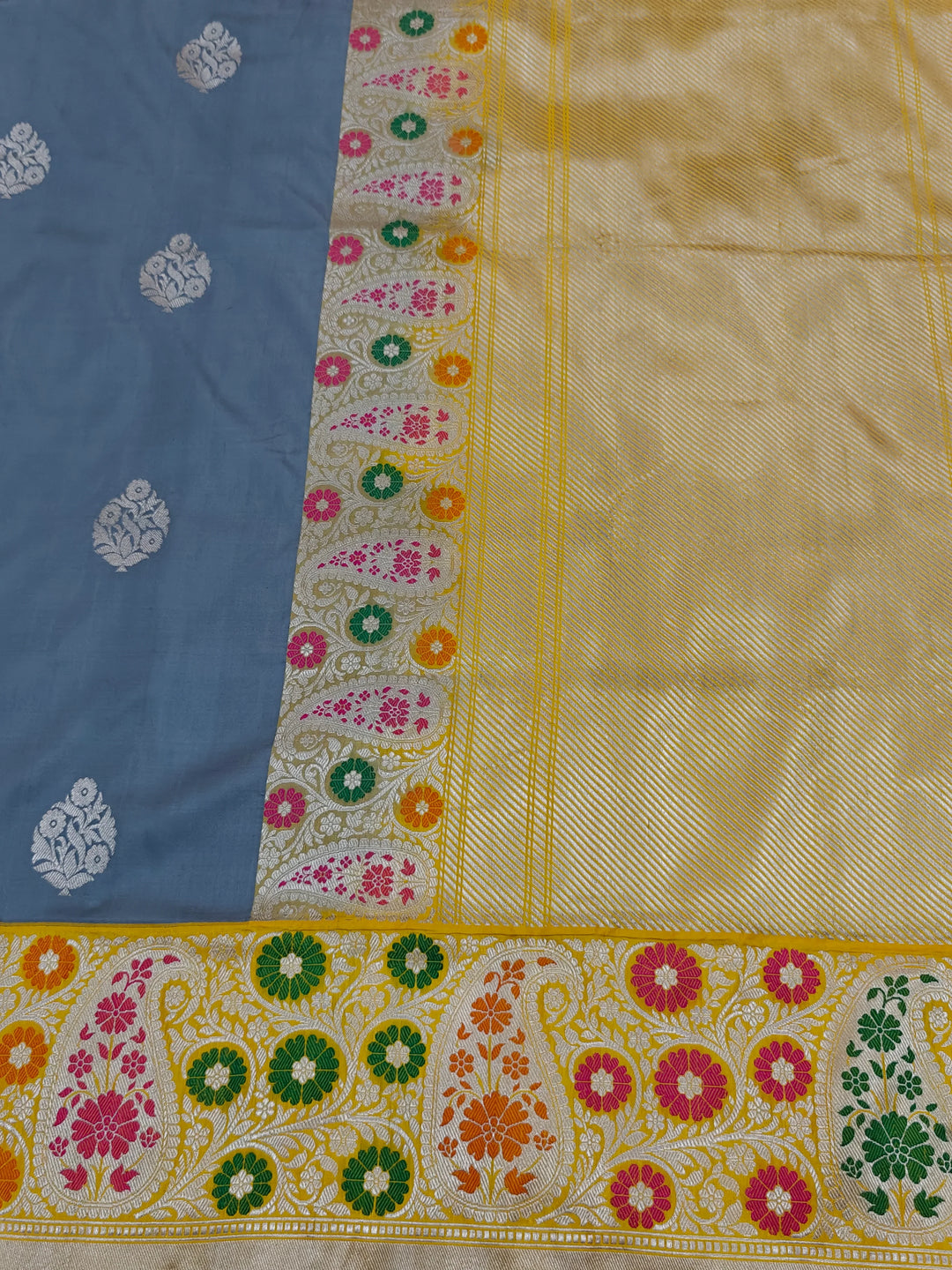 Grey Katan Silk Banarasi Saree with Kadhwa & Meena Border