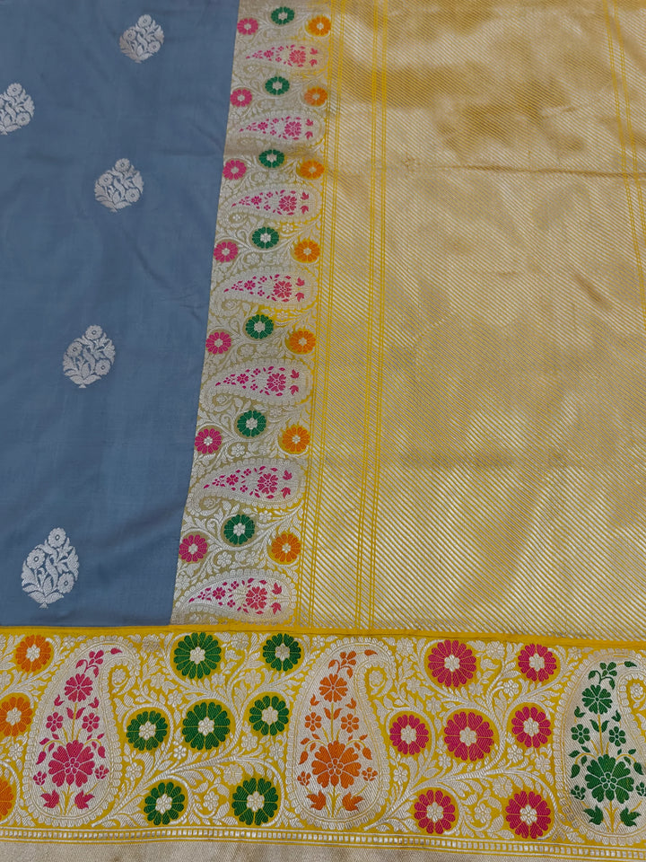 Grey Katan Silk Banarasi Saree with Kadhwa & Meena Border