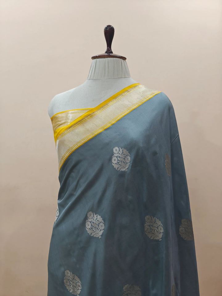 Grey Katan Silk Banarasi Saree with Kadhwa & Meena Border