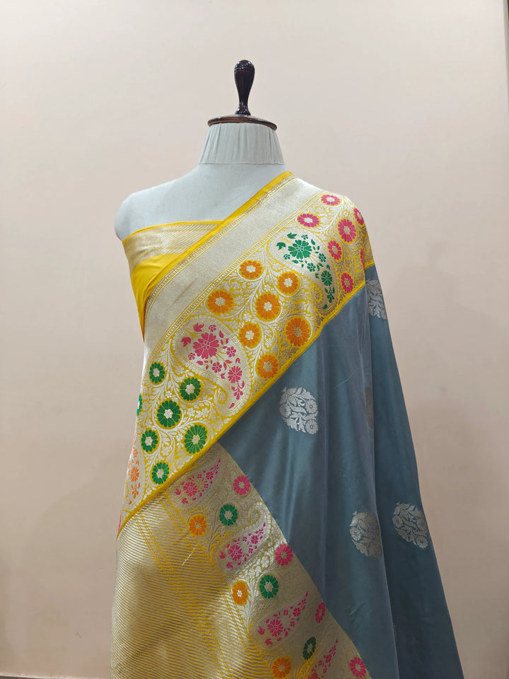 Grey Katan Silk Banarasi Saree with Kadhwa & Meena Border