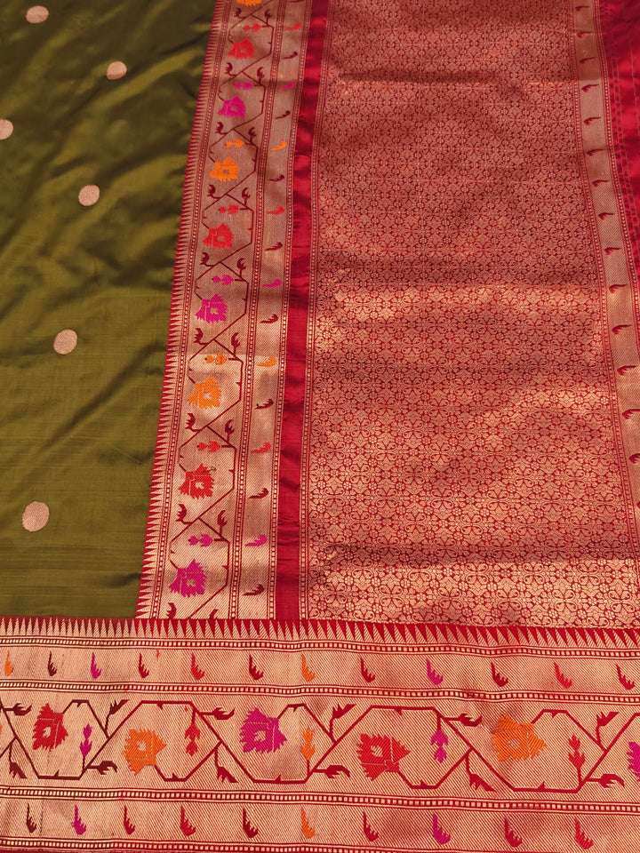 Mehendi Green Katan Silk Banarasi Saree with Paithani Border