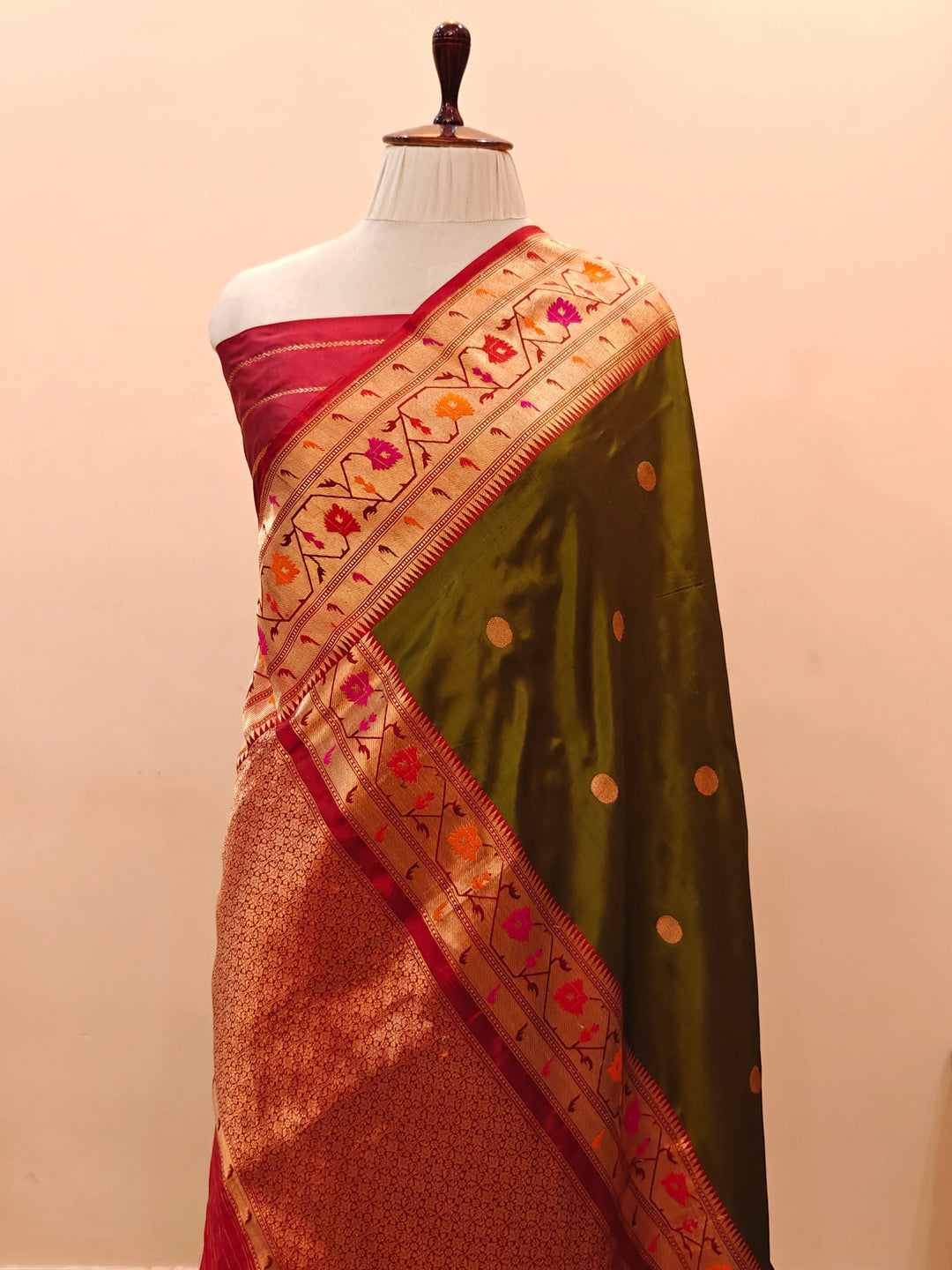 Mehendi Green Katan Silk Banarasi Saree with Paithani Border