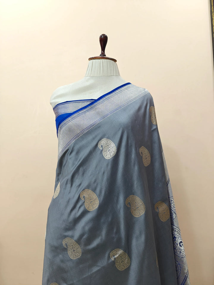 Grey Pure Katan Silk Handloom Banarasi Saree
