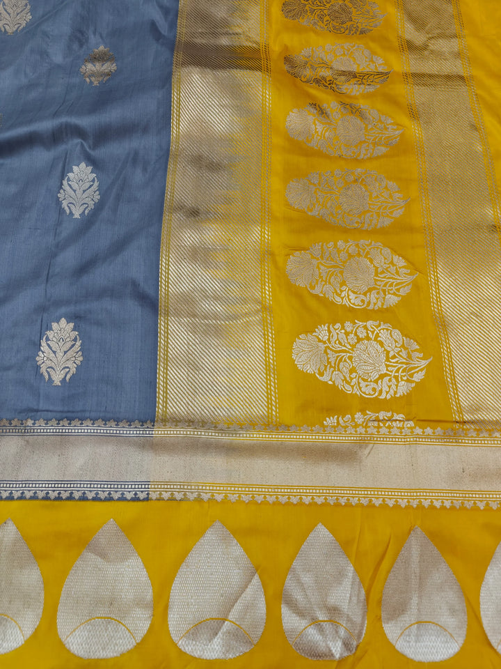 Bluish Grey Pure Katan Silk Handloom Banarasi Saree