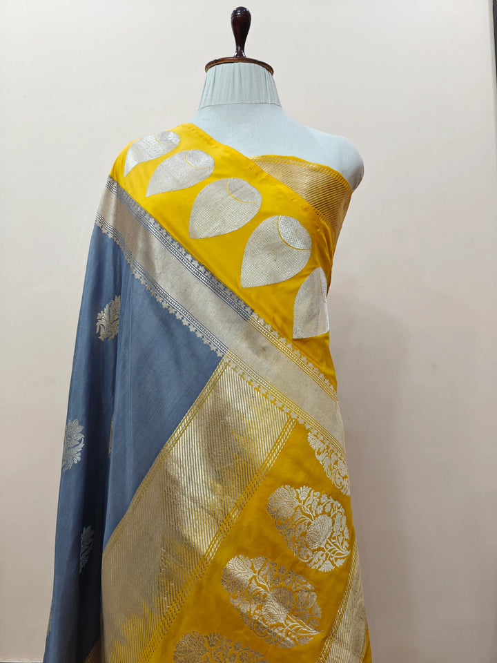 Bluish Grey Pure Katan Silk Handloom Banarasi Saree