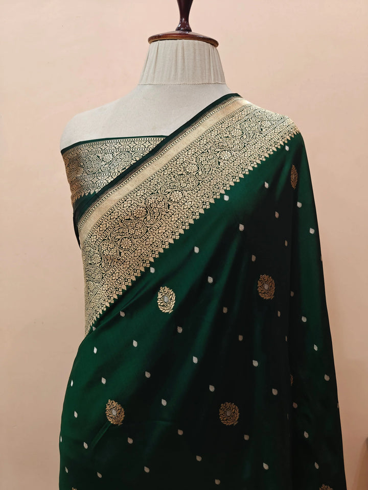 Bottle Green Pure Banarasi Handloom Katan Silk Saree