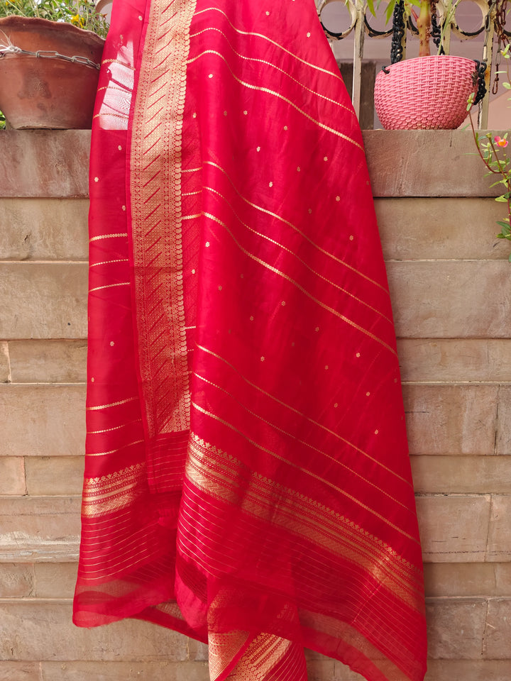 Red Pure Banarasi Kora Silk Dupatta