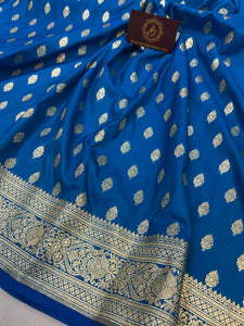 Firozi Blue Banarasi Handloom Satin SIlk Saree - Aura Benaras