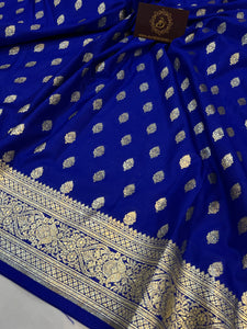 Royal Blue Banarasi Handloom Satin SIlk Saree - Aura Benaras