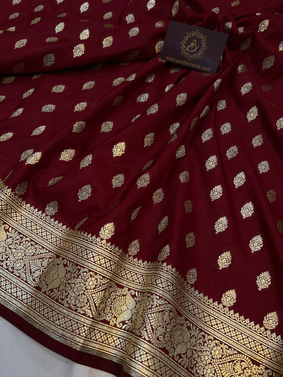 Maroon Banarasi Handloom Satin SIlk Saree - Aura Benaras