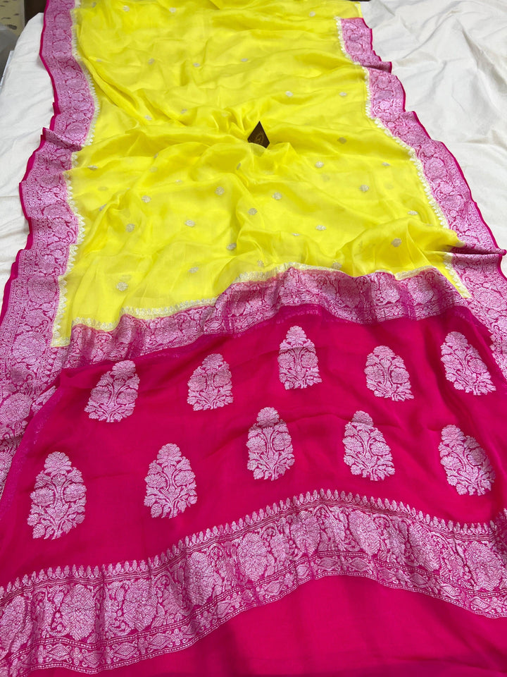 Lemon Yellow Khaddi Chiffon Banarasi Handloom Saree - Aura Benaras