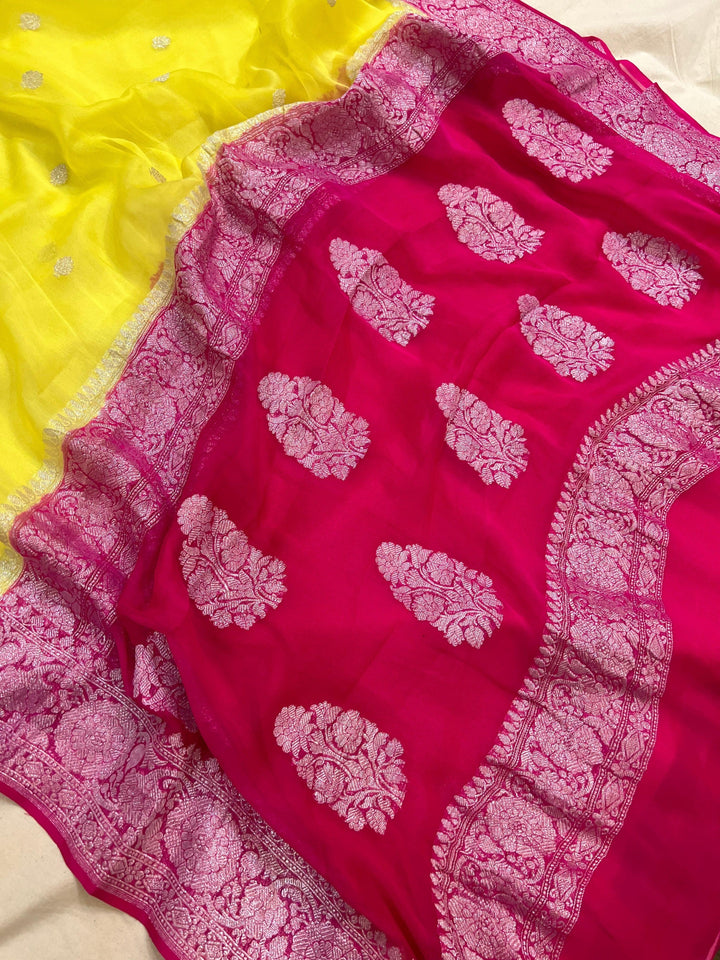 Lemon Yellow Khaddi Chiffon Banarasi Handloom Saree - Aura Benaras
