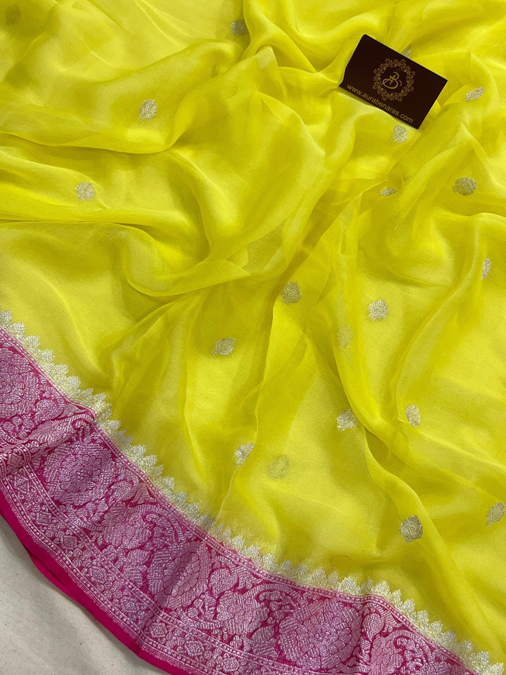 Lemon Yellow Khaddi Chiffon Banarasi Handloom Saree - Aura Benaras