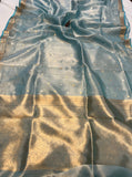 Aqua Blue Banarasi Handloom Organza Tissue Silk Saree - Aura Benaras